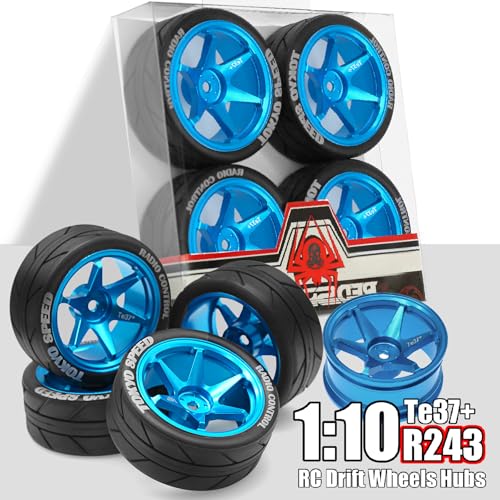 REDSPIDER 12mm Hex RC Wheels and Tires Metal Wheel Rims OD2.56'' RC Rally Racing Tyres for Tamiya TT01 TT02 XV01 TA06 A959 PTG2 HPI KYOSHO PTG2 Traxxas 1:10 Street Touring Drift Car (Blue) - color: Blue