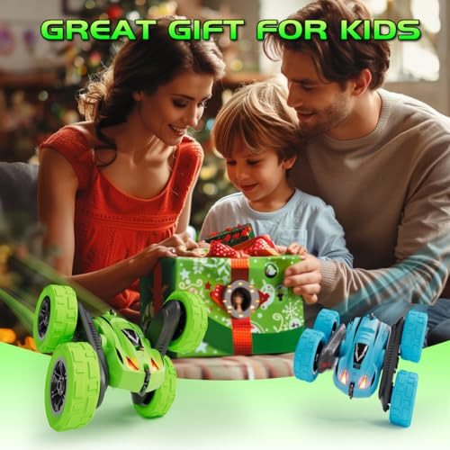 Remote Control Car, 4WD 2.4GHz Double-Sided RC Stunt Car, 360° Rotating Electric Rechargeable Toy Car with LED Lights, Gift for Boys Girls Ages 6+(Blue)