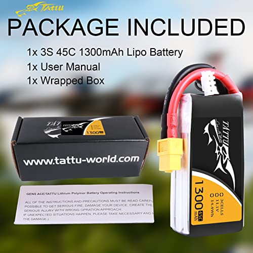 TATTU 3S 11.1V 1300mAh 45C LiPo Battery Pack with XT60 Plug for Eachine Wizard X220 QAV250 QAV180 210 Vortex 285 Mini H FLIP FPV 250S Emax Nighthawk 250 ZMR 250 HOVERSHIP MHQ2 - size: 1 Pcs