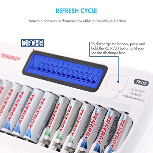 Tenergy TN160 12-Bay Smart Battery Charger: LCD Display and Refresh Function for AA or AAA NiMH and NiCd Rechargeable Cells with AC Wall Adapter - size: Charger