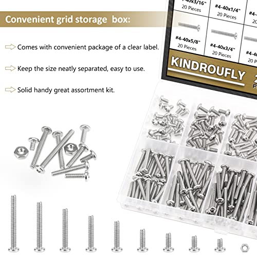 242 Pieces #4-40x 3/16", 1/4", 5/16", 3/8", 1/2", 5/8", 3/4", 7/8", 1", Phillips Pan Head Machine Screws Nuts Assortment Kit, 304 Stainless Steel, Fully Machine Thread - size: #4-40