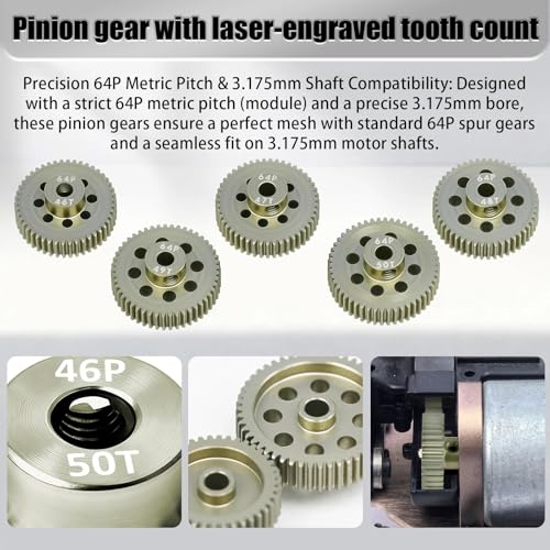 5Pcs 64P Aluminum Alloy Pinion Gear Set 3.175mm 46T 47T 48T 49T 50T Motor Pinion Gear W/ M4 Screw and Hex Key, Fit 3.175mm (1/8-Inch) Shaft, for Arrma HPI Kyosho Losi Axial Traxxas Tamiya 1/10 RC Car - size: 64P-3.175mm-46-50T