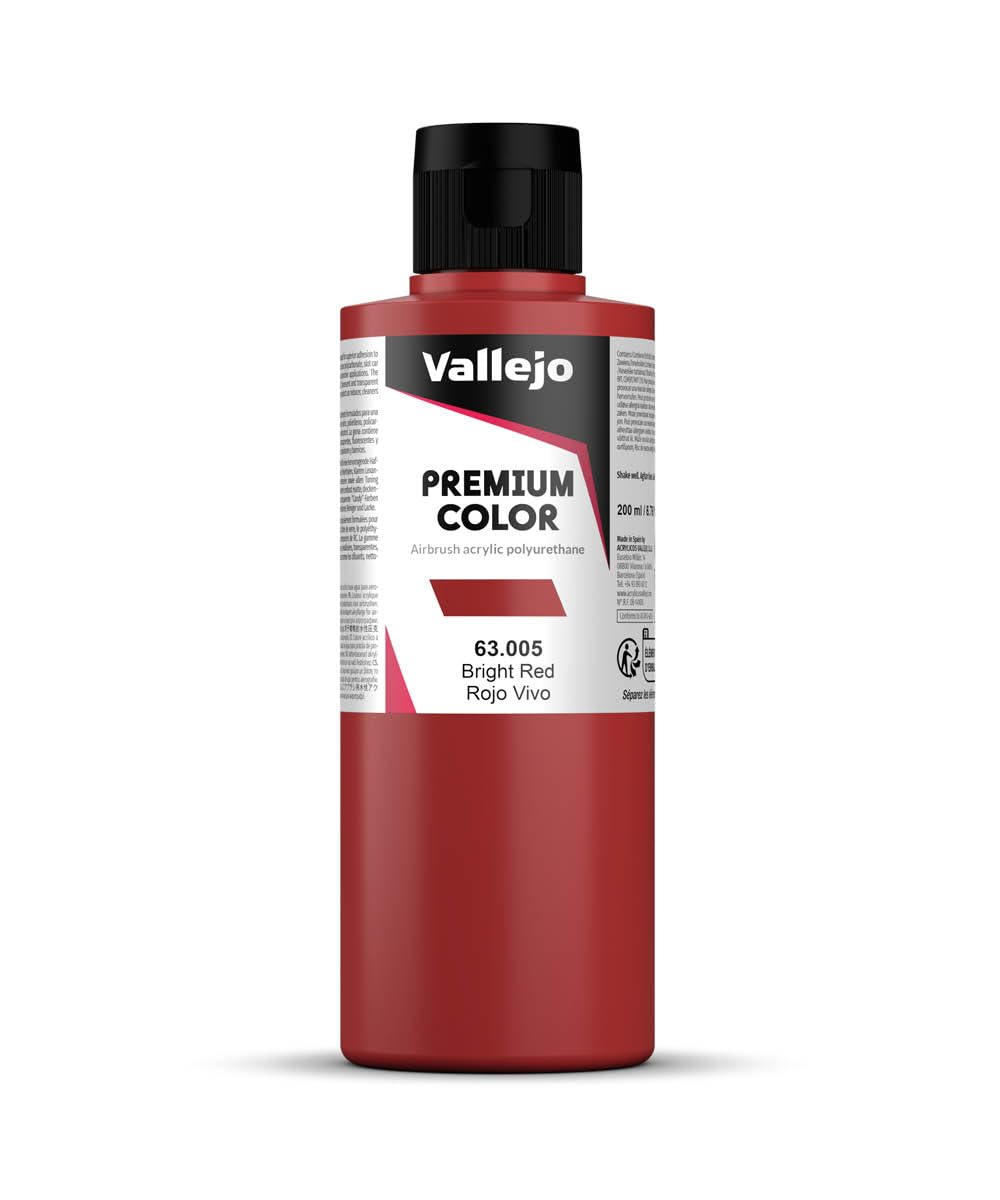 Vallejo - Premium Color Bright Red 6.76 Fl.Oz. (200 ml) Matte Finish for Airbrushing, Acrylic-Polyurethane Hybrid Resin of Great Resistance Paint, RC, Model and Hobby Use - style: Bright Red