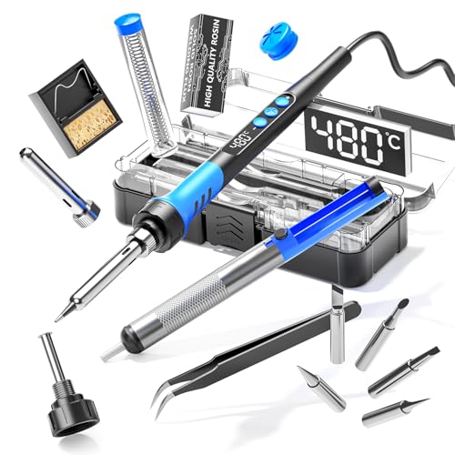 Soldering Iron Kit, 90W 110V LCD digital soldering gun,12-in-1 Soldering Iron Kit Tool,Temperature adjustable from 180-480°C,5 soldering tips,soldering wire,soldering paste,soldering pump - color: Sky Blue