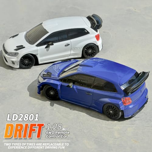 LDRC 2801 1/28 Mini RC Drift Car GTR 2.4GHz 4WD RTR with 4PCS Drift Tires Racing Radio Control Cars (Blue) - color: Blue