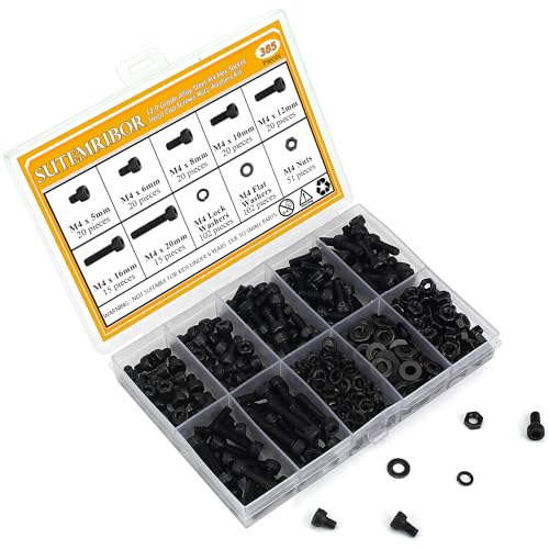 385 Pieces M4 Screws Nuts Washers Set Black, Sutemribor M4 x 5/6/8/10/12/16/20mm Hex Socket Head Cap Screws Nuts Washers Assortment Kit, 12.9 Grade Alloy Steel, Fully Threaded - size: M4, style: Socket Head