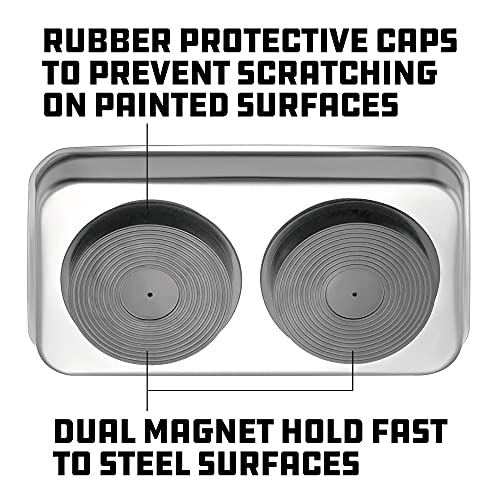 Powerbuilt Magnetic Parts Tray, 5-1/2 Inch x 9-1/2 Inch – Polished Stainless Steel Magnetic Tool Tray with Dual Rubber-Coated Heavy-Duty Magnets for Holding Small Parts – 648357