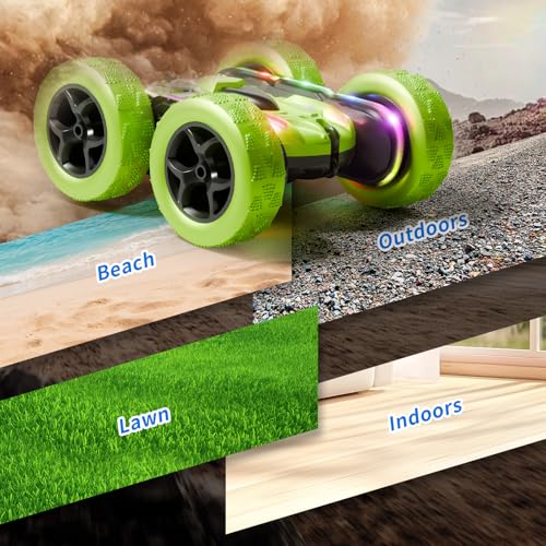 Remote Control Car – 4WD 360° Flip Double‑Sided RC Stunt Car LED Light Bar & USB‑C Modular Battery, Off‑Road Toys for Boys Ages 6‑12, Birthday Gift, Black‑Green - color: Black&green