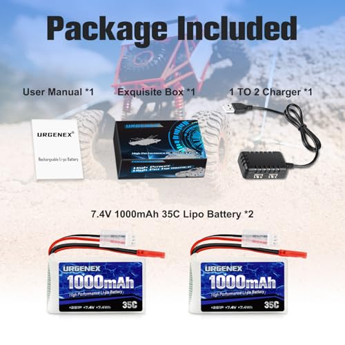 2S Lipo Battery 7.4V 1000mAh 35C(Burst 70C) Rechargeable RC Battery with JST Plug Compatible with WLtoys RC Cars A949 A959 A969 A979 K929 and Most 1/14 1/16 1/18 1/24 Scale RC Car Truck - style: 2PACK with Charger