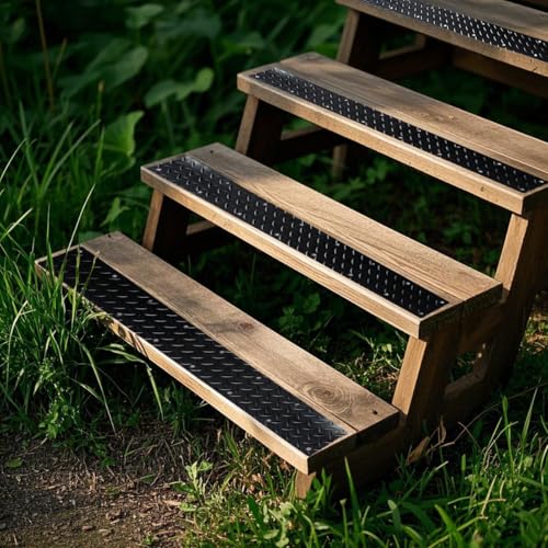 2 Pack Rubber Screw Down Non Slip Stair Treads 31.5"x4",Weatherproof Anti-Slip Step Grips for Outdoor Wooden Steps Porch Yard Walkway, Dogs and People Walk Safely for Rain Snow Ice.