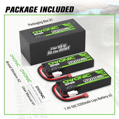 OVONIC 2s Lipo Battery 5200mAh 7.4V Lipo Battery with Dean-Style T Connector for Car Truck Boat Vehicles (2 Packs)