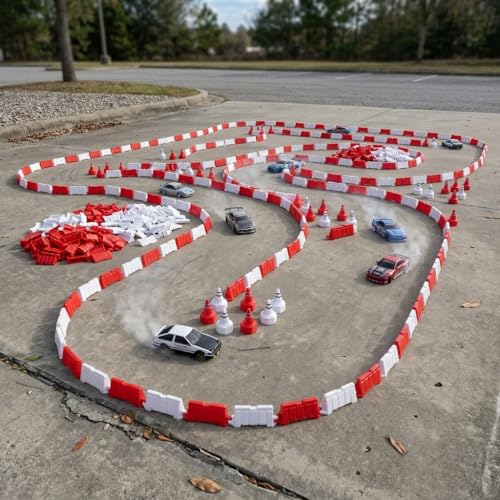 120PCS RC Track Fence Panels with 30PCS Road Cones, Red White ABS Drift Racing Barriers for 1/10 1/14 1/16 1/18 1/24 1/28 Scale RC Cars