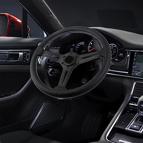 Universal Flat Drift 6 Bolts Steering Wheel Wrapped Genuine Leather Grip | 14 inch Sport Racing Steering Wheel with White Stitching Black Spokes - color: 5126H-black