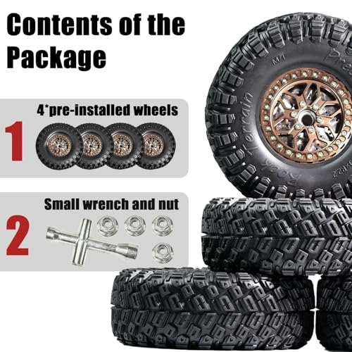 2.2 RC Crawler Tires 1/10 Beadlock Wheels 12mm Hex, Mud Terrain Rock Tires Soft Rubber 5.0x1.9, Aluminum Beadlock Rims 5.5mm Offset, RC Wheel Tire Set for SCX10 TRX4 TRX6 Gen8 VS4-10 D90 CFX - color: Bronze