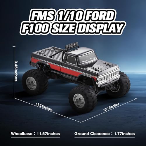 FMS 1/10 RC Truck Ford F-100 – 2WD Monster Truck with Licensed Body, 550 Brushed Motor, Oil Shocks, Independent Suspension – All-Terrain RC Crawler, High Speed Off-Road RC Car for Gift(Black) - color: Black