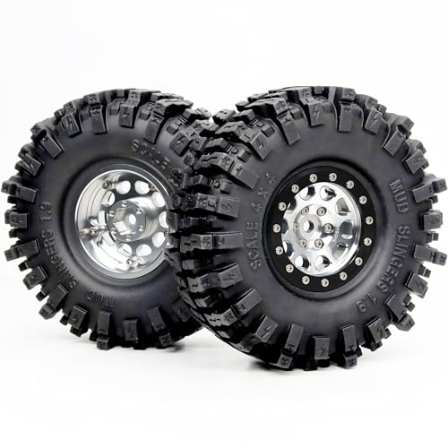 120mm Tall 1.9 Mud Slingers T8 Tires Tyres Mounted on Aluminum 1.9 Beadlock Wheels for 1/10 RC TRX4 SCX10 Gen8 Upgrades, (4-Pack, HS700570) - color: Silver & Black