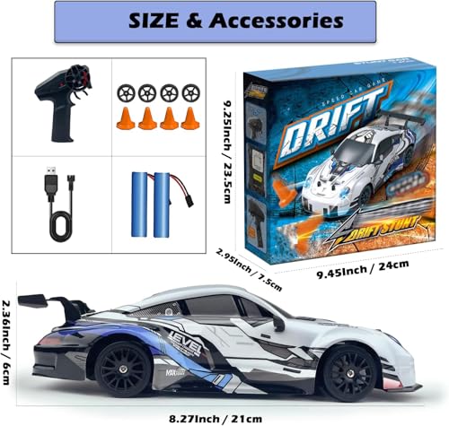 HTURCCOP RC Drift Car 2.4GHz 1:24 Scale 4WD High Speed Remote Control Cars Vehicle with LED Lights Two Batteries and Drifting Tires Racing Sport Toy Cars for Adults Boys Girls Kids - color: White