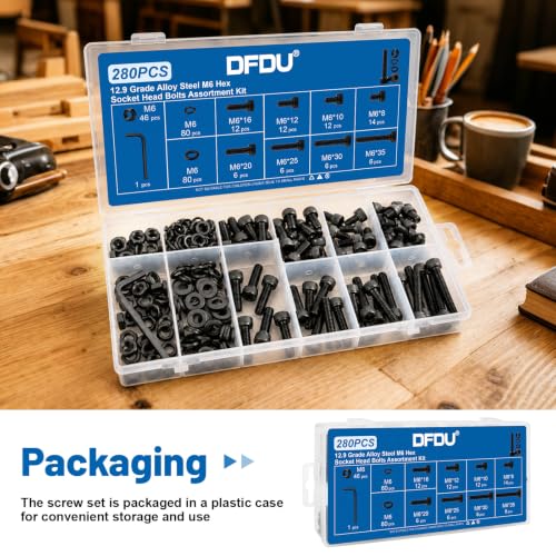 280PCS M6 Hex Socket Head Cap Screw Kit 12.9 Alloy Steel for DIY 3D RC | Black Zinc Plated Bolts and Nuts, Flat & Spring Washers, M6-1.0 x 8-35mm Machine Metric Fastener Set, High Tensile Strength - size: G12.9 M6 280PCS