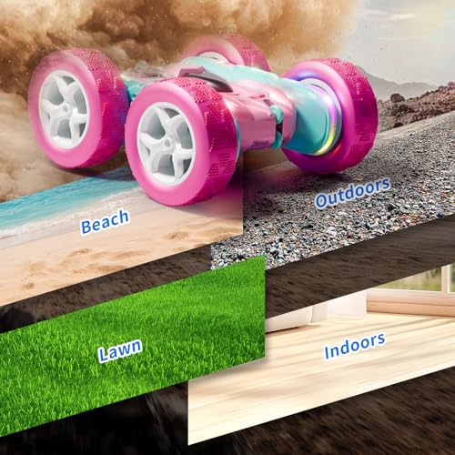 RC Car Pink 4WD Remote Control Car 360° Flip Double‑Sided LED Light Bar & Quick‑Swap USB‑C Modular Battery, 2.4 GHz No‑Interference Popular Outdoor Beach Toy, Popular Gift for Girls Ages 6‑12 - color: Pink