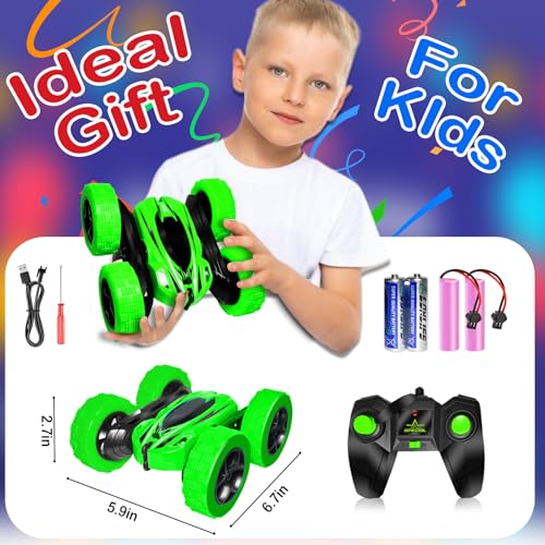 FREE TO FLY Remote Control Car for Boys 8-12: 2.4Ghz Electric Rechargeable Race Stunt Cars Double Sided 360 Rolling Rotating Rotation with Led Headlights - color: Green