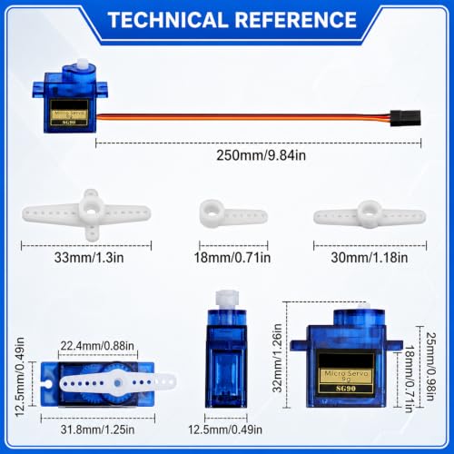 6-Pack SG90 9g Micro Servo Motor, Mini Analog, 180° | 180-degree control angle, 3-pin connector compatible with JR and Futaba, for RC car, plane, helicopter, robot arm