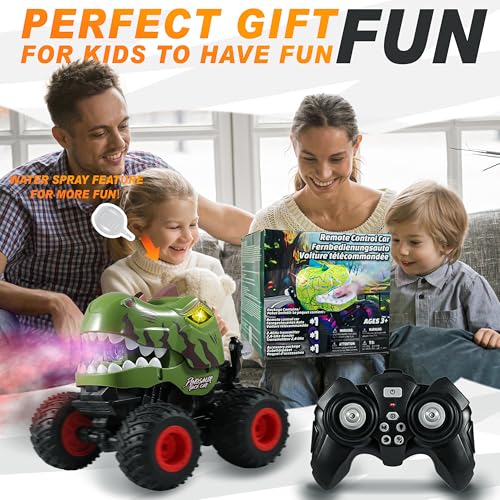 BEZGAR Monster Truck Toys - Remote Control Monster Truck with Spray, Light, Music, Dinosaur Toys for Kids, 1:20 Scale RC Truck with 360° Spins and Drifting, Remote Control Car for Boys 4-7 Camo Green - color: Camo Green