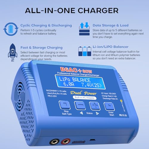 LiPo Charger 80W 6A Fast Balance Battery Chargers for RC Car Boat Drone | Smart Digital Battery Pack Charger Discharger for 1S-6S LiPo LiFe Li-ion 1-15S NiCD NiMH 2-20V PB Smart Battery Batteries