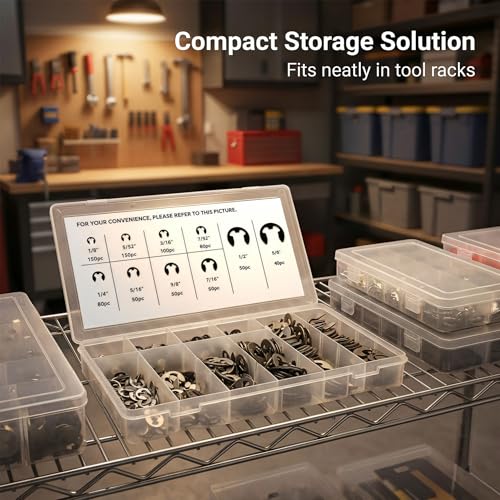 Retaining Rings E Clip Assortment Kit, 800 Pcs, 10-Sizes, INCH | Manganese Steel, Industrial Grade E-Rings, For Automotive, Machinery, Bicycle & DIY Projects