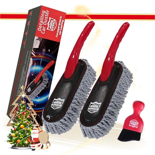 Car Interior Detailing Kit - 2 Red Dusters, Brush | Electrostatic sweep for dash. Cleans vents & narrow gaps scratch-free. Perfect auto care gift box for vehicles. - color: Red