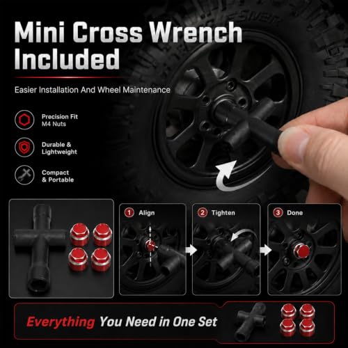 4PCS M4 RC Wheel Nuts, Dustproof Rim Center Cap Hub Nuts for 1/10 TRX4 | Aluminum Wheel Center Cap Nuts with Mini Cross Wrench for TRX4 TRX6 SCX10 SCX10 II D90 Redcat Tamiya HPI 1/10 RC Car, Red - color: Red