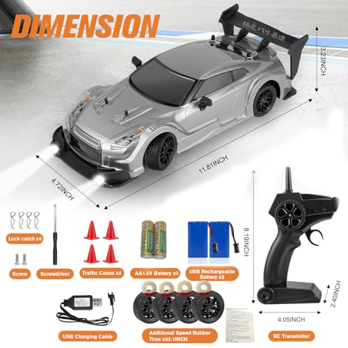 RC Drift Car, 1:16 Scale Drifting RC Cars, 2.4GHz 4WD 40km/h | RC Race Car, High-Speed Remote Control Drift Car Vehicle, Racing Sport Toy Gift for Boys Girls Kids(Silver) - color: Silver