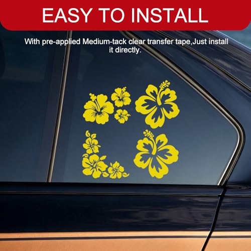 4PCS Hibiscus Car Decal Sticker, Hawaiian Hibiscus Flower Decal Set, White Tropical Flower Stickers, Universal Exterior Decoration Sticker Accessories for Car, Truck, SUV, Door, Wall (Yellow)