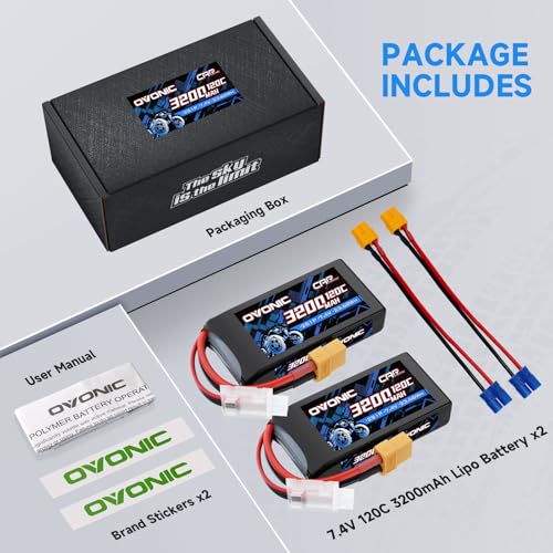 OVONIC 2S Lipo Battery 7.4V 3200mAh 120C with XT60 to EC3 Connector for RC Car Truck Vehicles Boat Drone Airplane Quadcopter Helicopter FPV Racing Hobby Models Pro Truck Boat Jet Basher 2 Batteries