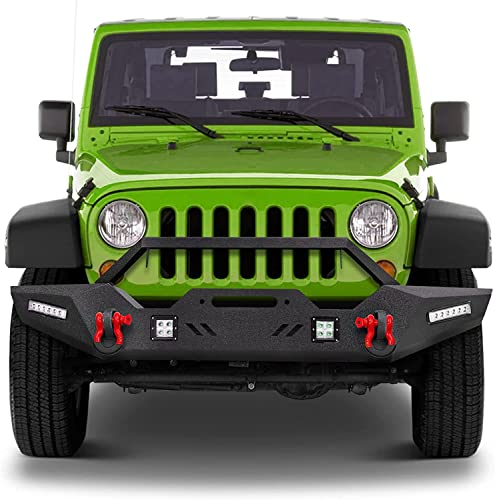 Front Bumper for 2007-2023 Wrangler JK, AAIWA Offroad Steel Bumper Full Width with 2" Hitch Receiver, LED Light Bars, and D-rings - size: 2007-2023 JK Front Bumper with LED Lights