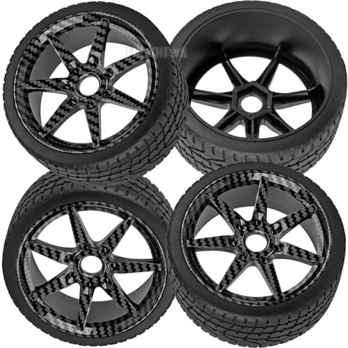 RC Highway Tires Wheel for 1/7 Infraction 6S BLX/Limitless,1/8 Typhon 6s BLX,7 Spokes Wheel Rim & Rubber Highway Tires RC Drift Tires,Carbon Surface(Black) - color: (Black)carbon Surface - (4pcs Bailuchi Tires)