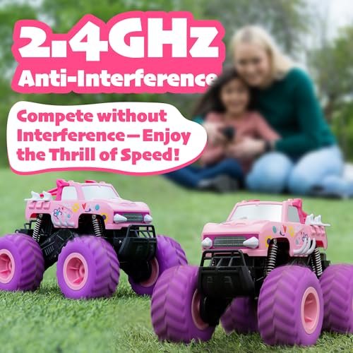 Threeking 1:16 Amphibious Monster Truck Pink Remote Control Car for Girls | Waterproof Durable 4WD Off-Road RC Crawler Cars Pick-Up Unique Toys Gifts for Ages 6-12 - color: Pink