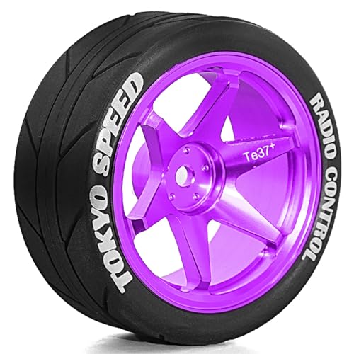 1/10 RC On Road Tires OD 65mm and Aluminum Street Wheels 12mm Hex Touring Tyres for 1:10 Rally Racing Drift Car Tamiya TT01 TT02 XV01 HPI KYOSHO HSP PTG2 Traxxas TA06 A959 PTG2 (Purple) - color: Purple