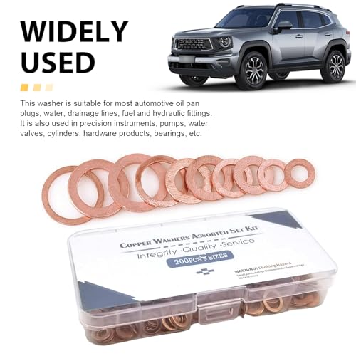200 PCS Assorted Sizes Copper Washer Kit, Solid Metric Crush Washers for Oil Drain Plug & Banjo Bolt Seal, Universal Gasket Set for Cars, Trucks, Motorcycles, ATVs