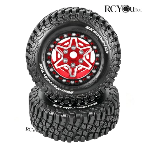RC 1.9" Beadlock Wheels and Tires Set for 1/12 M-J-X H12Y H12Y+ H12P MN-128 RC Crawler,Wheels Tire OD 90MM/3.54",Aluminium Wheel Rims (4PCS),1.9" Beadlock Wheel Tires,Red - color: Red- (Wheel Tires)