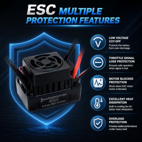 3650 3100KV Brushless Motor ESC Combo, Waterproof 60A Sensorless Brushless ESC for 1/10 RC Cars, 2S LiPo Brushless Motor Kit for Off-Road, Buggy, Monster Truck, Touring Car