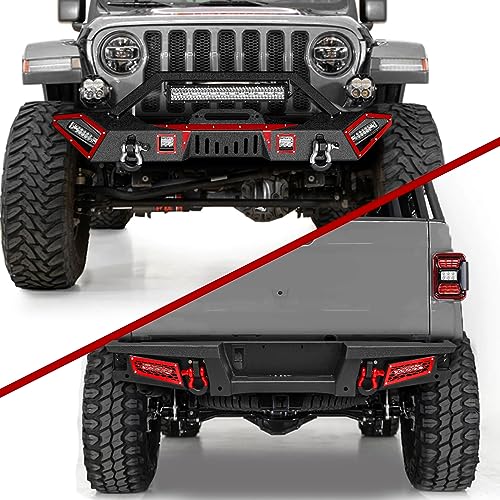 Steel JK Front Bumper with Winch plate is Applicable to 2007-2026 Wrangler JK/JL&2020-2021-2026 Gladiator JT, Black Textured Bumper with LED Light Bar & D-Rings - size: 2007-2026 JK/JL/JT Front Bumper with LED Lights