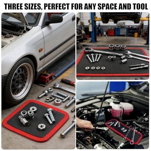TRULYWIN 4-Pack Magnetic Tool Mat with Pickup Pen, 360° Mirror & Glue Gloves, Parts Holder for Garage/Workshop/Auto Repair – Organize Wrenches, Screws, Bolts, Nuts & Small Metal Parts