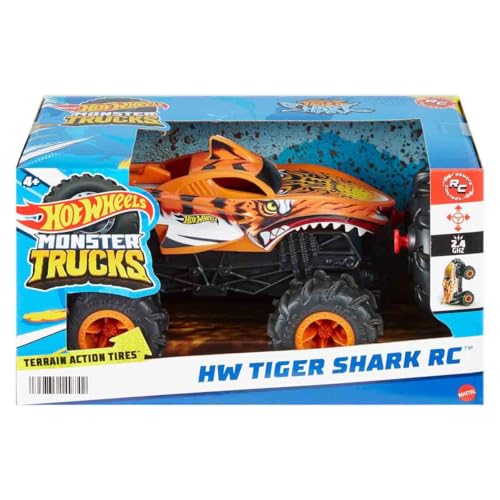 Hot Wheels Monster Trucks HW Tiger Shark RC, Remote-Control Vehicle | 1:24 Scale Oversized Truck with Terrain Action Tires for All-Terrain Driving - style: Tiger Shark
