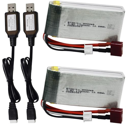 Blomiky 2 Pack 7.4V 1600mAh 12.58Wh 30C Lipo Battery with T Plug and USB Cables for 1:10 Scale 200E 9200 9200E 9205E 9206E RC Trucks