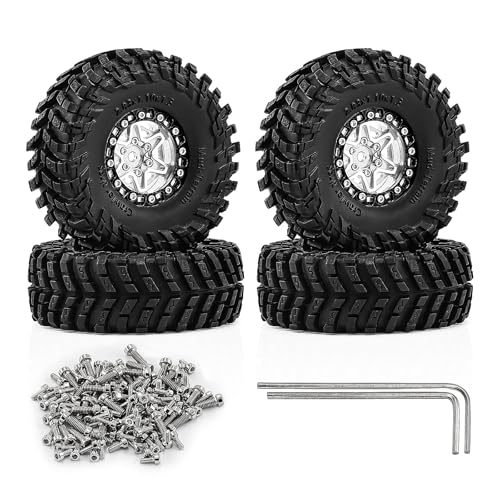 1.3" Pre-Assembled Beadlock Wheels and Tires 72mm (2.83in) for SCX24 TRX4M 1/18 1/24 RC Crawlers – Aluminum Rims, Rubber Tires with Foam Inserts, Easy-Install Upgrade Parts (Silver) - color: Silver 312