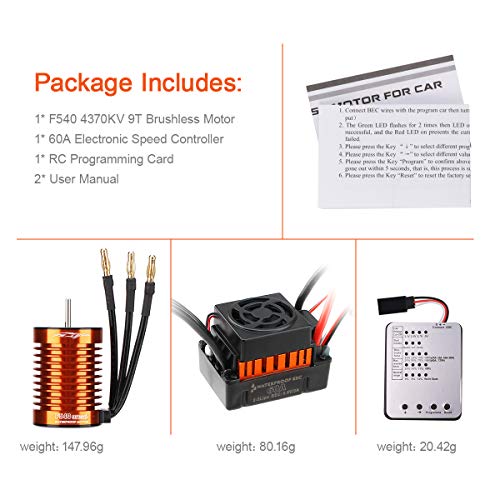 F540 4370KV Brushless Motor 4 Pole 9T 3.175mm Shaft with 60A ESC Electric Speed Controller and Programming Card Motor ESC Combo Set for 1/10 RC Car Flat Drifting Car 2S Lipo Battery