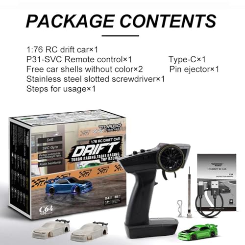 Turbo Racing 1:76 Scale Drift RC Car, Mini Table Racing Model Car with 2.4G Remote Control & Gyro Full Proportional RTR for Adults Hobby Toys Gifts (C64-Green) - style: C64-Green