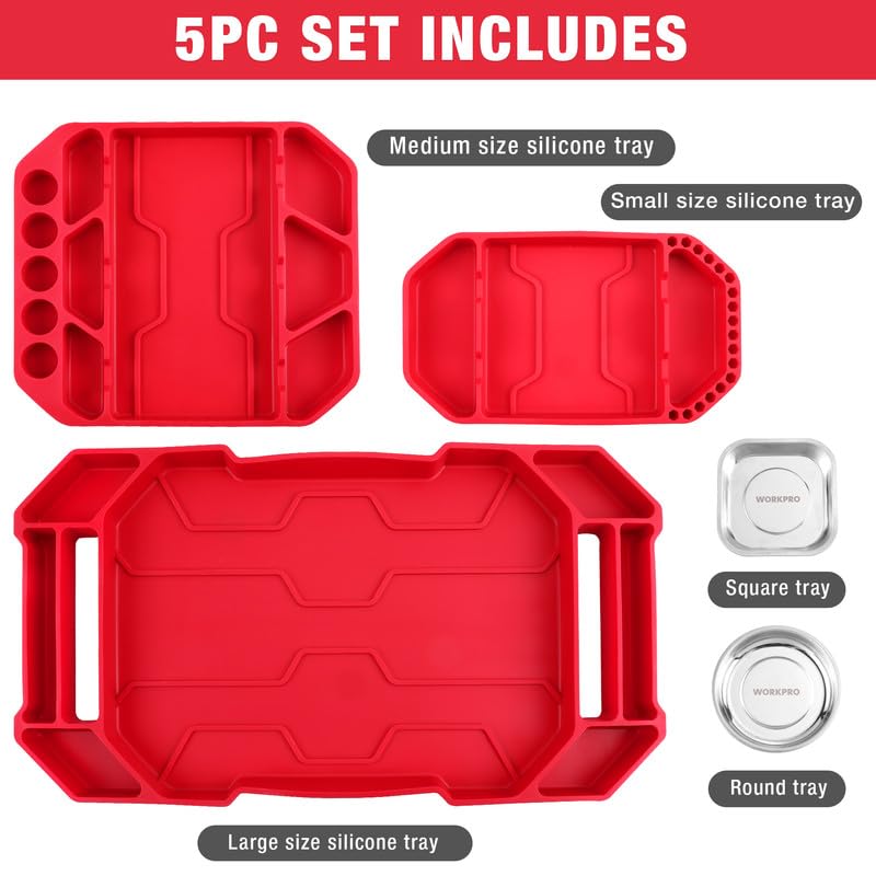 WORKPRO 5-Piece Tool Organizer, Non-Slip Flexible Tool Tray Set | 3-Piece Silicone Tool Mats, 2-Piece Magnetic Parts Tray, Tool Box Organizer Tray, Only Parts Tray Magnetic