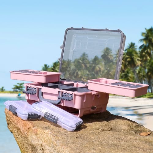 RUNCL Universal Fishing Tackle Box with Two Small Tackle Tray, Removal Inside Design Waterproof Trunk Storage Box, Thicker Floating Airtight Stowaway, Xmas Surprise Fishing Gifts for Men Women - color: Pink