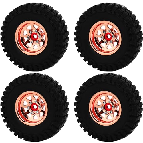 1.0 Beadlock Wheel Soft Tires Set -3.78mm Offset Wheel Rims for 1/18 1/24 RC Crawler Car Axial AX24 SCX24 FMS FCX24 TRX4M (Rose Gold)-61532 - color: Rose Gold